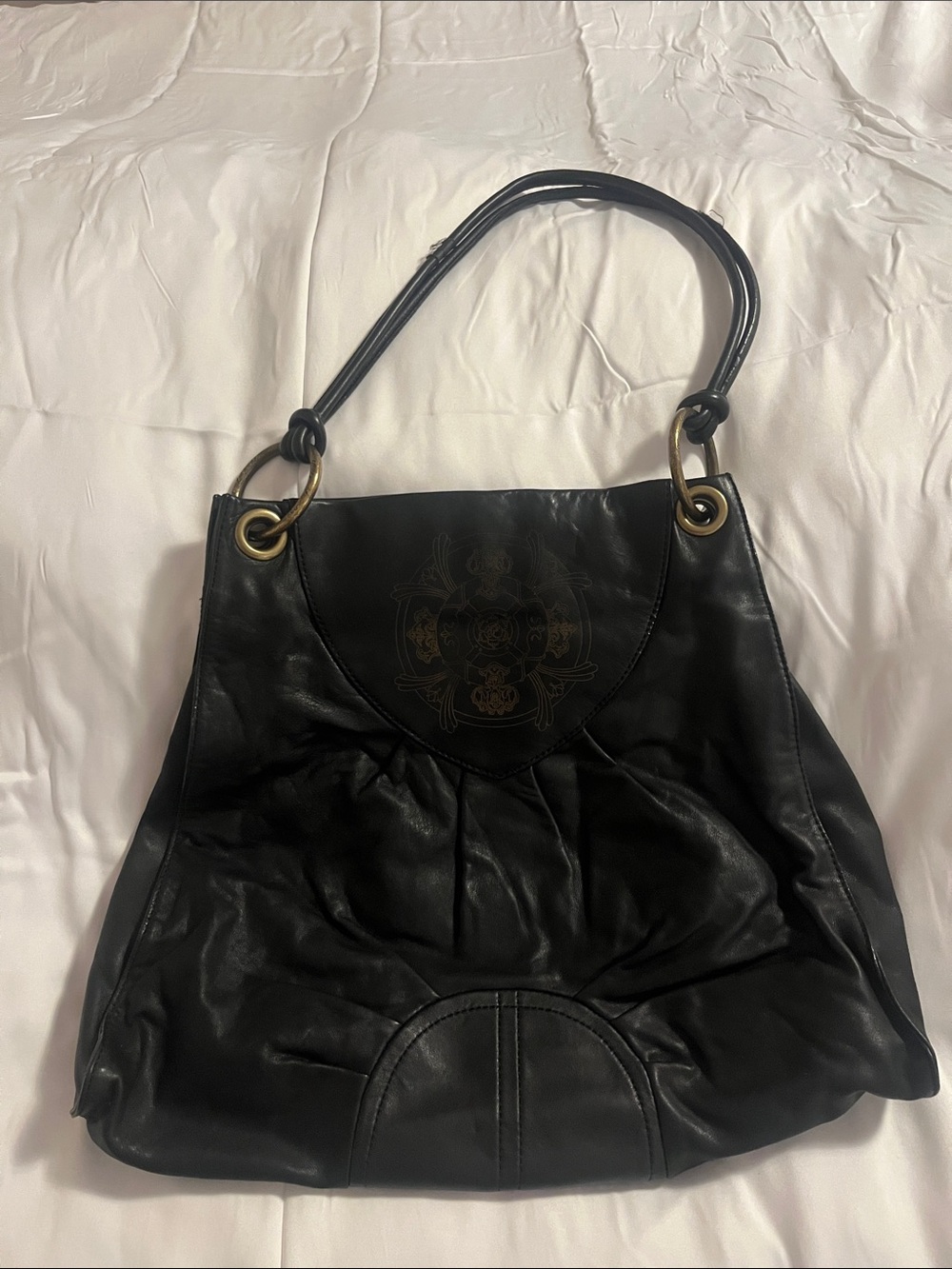 Kate Landry Black Leather Shoulder Bag with Brass Ring Hardware